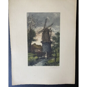 Hand Colored Etching Hooigracht (Dutch Windmill & Bridge) Pencil Early 1900's